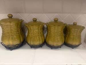 Celebrating Home Venetian Parsley Green Stoneware Canisters w Lids & Stands
